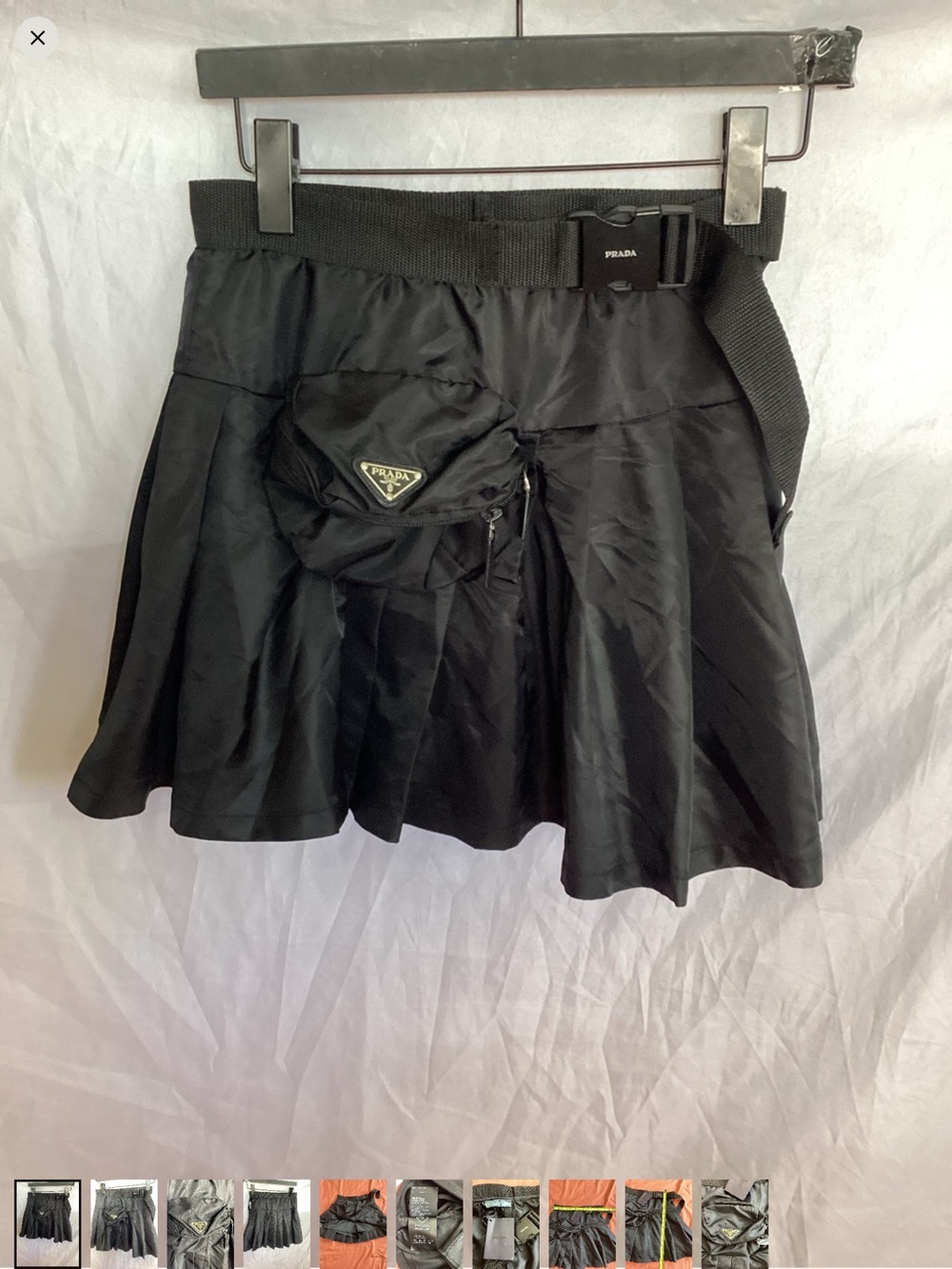 Prada Black Nylon Pleated Mini Skirt with Logo Pouch